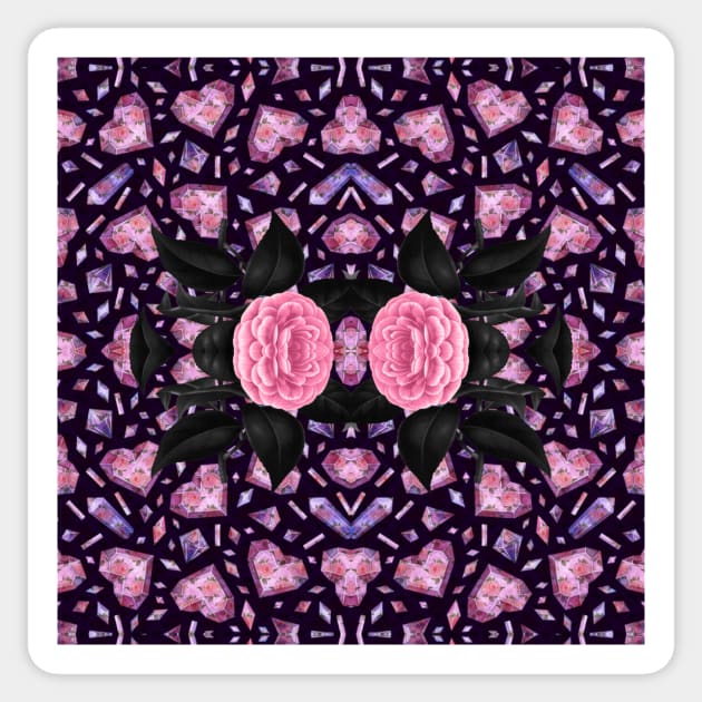 Crystal Hearts and Flowers Valentines Kaleidoscope pattern (Seamless) 2 Sticker by Swabcraft